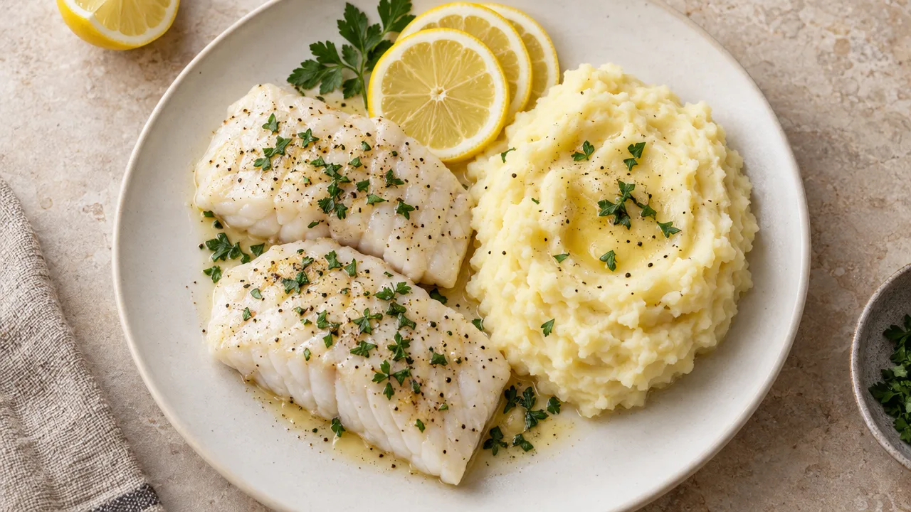 Poached White Fish with Mashed Potatoes