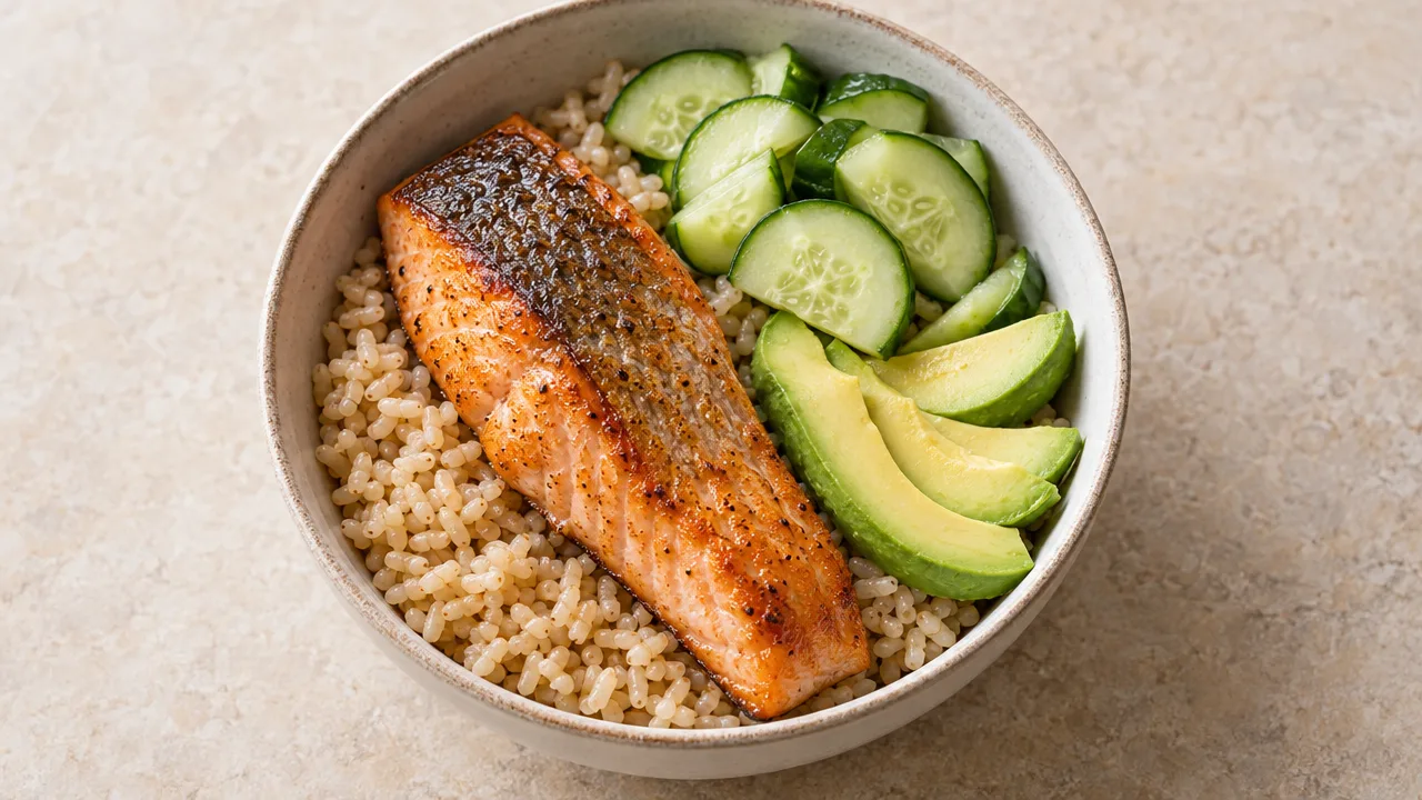 Salmon and Brown Rice Bowl with Cucumber and Avocado