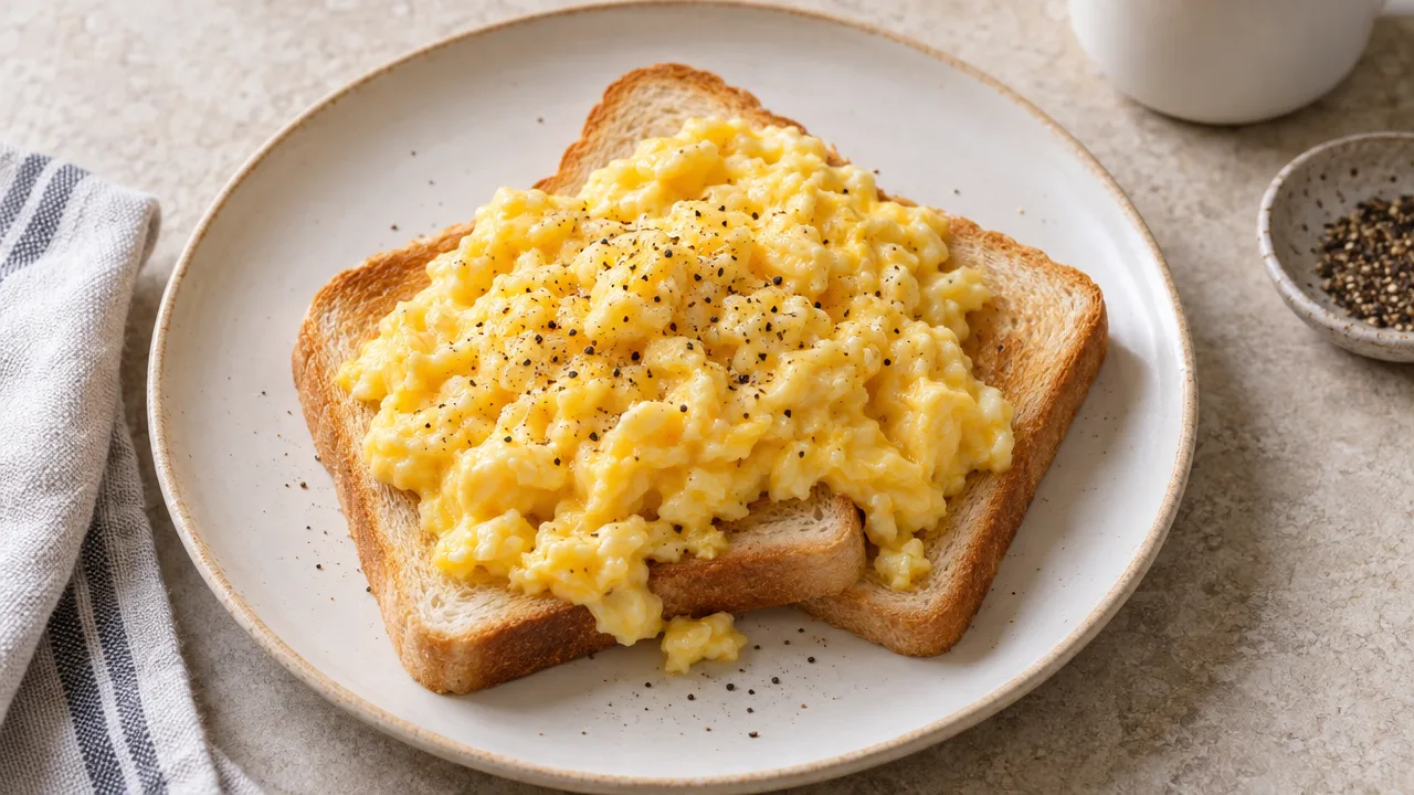 Soft Scrambled Eggs on White Toast